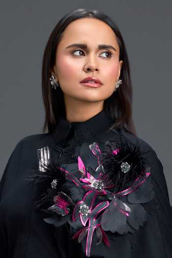 Deepika Arora_Black Ponte Roma Mandarin Collar Crystal Embellished Jumpsuit _at_Aza_Fashions