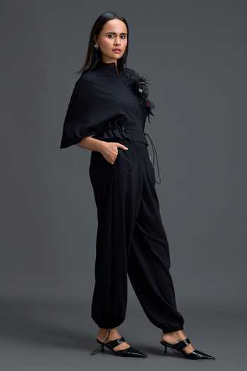 Deepika Arora_Black Ponte Roma Mandarin Collar Crystal Embellished Jumpsuit _Online_at_Aza_Fashions