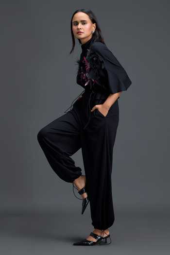 Buy_Deepika Arora_Black Ponte Roma Mandarin Collar Crystal Embellished Jumpsuit _Online_at_Aza_Fashions