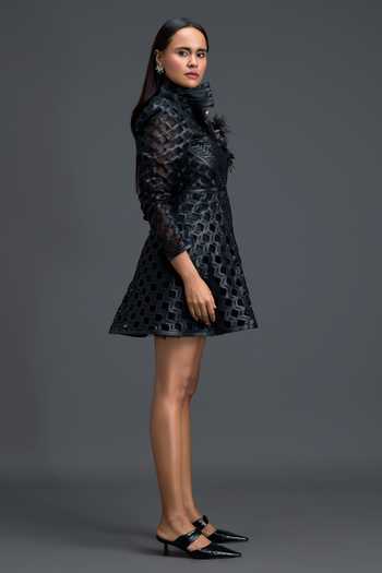 Buy_Deepika Arora_Black Net, Leather High Neck Floral Embellished Mini Dress _Online_at_Aza_Fashions