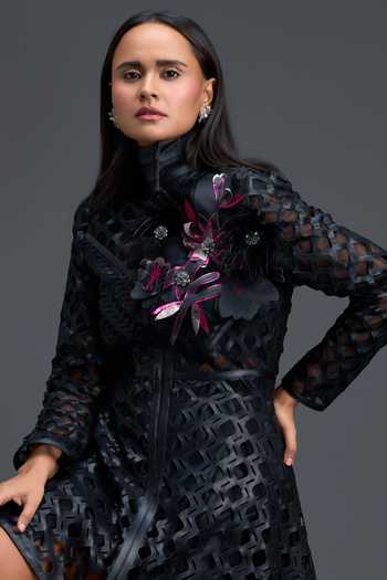 Deepika Arora_Black Net, Leather High Neck Floral Embellished Mini Dress _at_Aza_Fashions