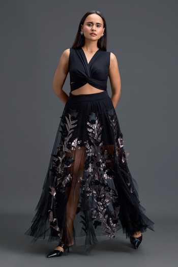 Deepika Arora Black Net, Ponte Roma V-neck Twisted Crop Top And Embellished Skirt Set Online at Aza Fashions Deepika Arora_Black Net, Ponte Roma V-neck Twisted Crop Top And Embellished Skirt Set _Online_at_Aza_Fashions
