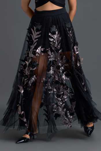 Buy Deepika Arora Black Net, Ponte Roma V-neck Twisted Crop Top And Embellished Skirt Set Online at Aza Fashions Buy_Deepika Arora_Black Net, Ponte Roma V-neck Twisted Crop Top And Embellished Skirt Set _Online_at_Aza_Fashions