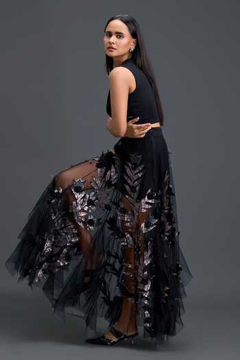 Shop Deepika Arora Black Net, Ponte Roma V-neck Twisted Crop Top And Embellished Skirt Set Online at Aza Fashions Shop_Deepika Arora_Black Net, Ponte Roma V-neck Twisted Crop Top And Embellished Skirt Set _Online_at_Aza_Fashions