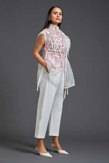 Deepika Arora White Leather, Ponte Roma High Neck Sheer Overlay With Floral Patchwork Top Online at Aza Fashions Deepika Arora_White Leather, Ponte Roma High Neck Sheer Overlay With Floral Patchwork Top _Online_at_Aza_Fashions