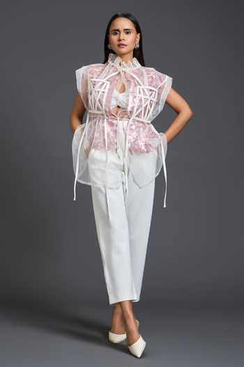 Buy Deepika Arora White Leather, Ponte Roma High Neck Sheer Overlay With Floral Patchwork Top Online at Aza Fashions Buy_Deepika Arora_White Leather, Ponte Roma High Neck Sheer Overlay With Floral Patchwork Top _Online_at_Aza_Fashions