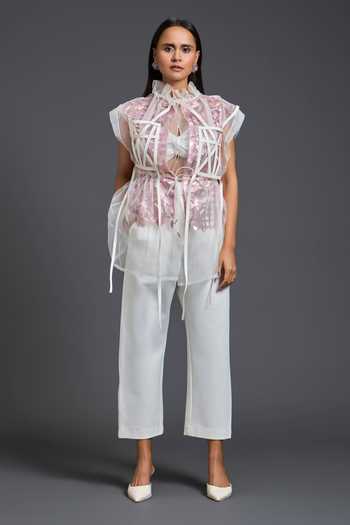 Shop Deepika Arora White Leather, Ponte Roma High Neck Sheer Overlay With Floral Patchwork Top Online at Aza Fashions Shop_Deepika Arora_White Leather, Ponte Roma High Neck Sheer Overlay With Floral Patchwork Top _Online_at_Aza_Fashions