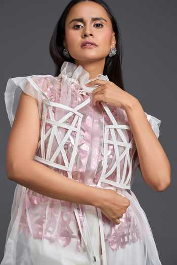 Deepika Arora White Leather, Ponte Roma High Neck Sheer Overlay With Floral Patchwork Top at Aza Fashions Deepika Arora_White Leather, Ponte Roma High Neck Sheer Overlay With Floral Patchwork Top _at_Aza_Fashions