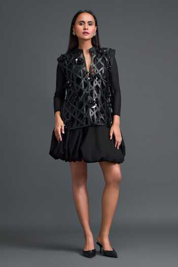Deepika Arora Black Net, Leather Mandarin Collar, Embroidered Layered Jacket Set With Bodsyuit Online at Aza Fashions Deepika Arora_Black Net, Leather Mandarin Collar, Embroidered Layered Jacket Set With Bodsyuit _Online_at_Aza_Fashions