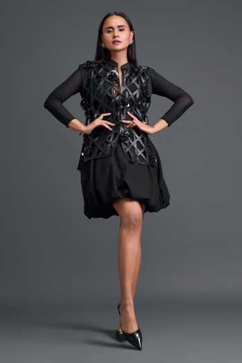 Buy Deepika Arora Black Net, Leather Mandarin Collar, Embroidered Layered Jacket Set With Bodsyuit Online at Aza Fashions Buy_Deepika Arora_Black Net, Leather Mandarin Collar, Embroidered Layered Jacket Set With Bodsyuit _Online_at_Aza_Fashions
