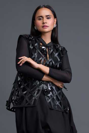 Shop Deepika Arora Black Net, Leather Mandarin Collar, Embroidered Layered Jacket Set With Bodsyuit Online at Aza Fashions Shop_Deepika Arora_Black Net, Leather Mandarin Collar, Embroidered Layered Jacket Set With Bodsyuit _Online_at_Aza_Fashions