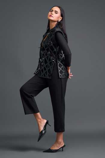 Deepika Arora Black Ponte Roma, Leather, Net Mandarin Layered Embroidered Jacket Pant Set at Aza Fashions Deepika Arora_Black Ponte Roma, Leather, Net Mandarin Layered Embroidered Jacket Pant Set _at_Aza_Fashions