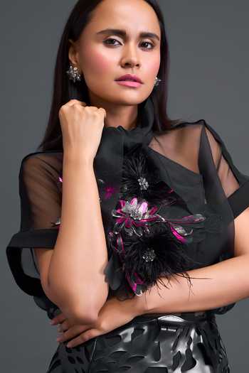 Buy Deepika Arora Black Organza, Leather, Ponte Roma High Patchwork Embroidered Top Skirt Set Buy_Deepika Arora_Black Organza, Leather, Ponte Roma High Patchwork Embroidered Top Skirt Set