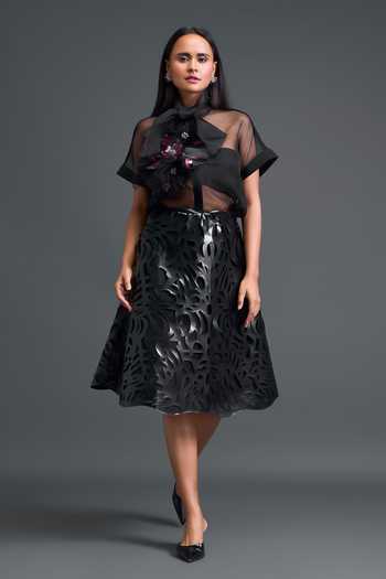 Buy_Deepika Arora_Black Organza, Leather, Ponte Roma Applique Work Skirt _Online_at_Aza_Fashions