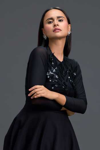 Buy Deepika Arora Black Net, Ponte Roma Round Neck Embroidered Top And Skirt Set Buy_Deepika Arora_Black Net, Ponte Roma Round Neck Embroidered Top And Skirt Set