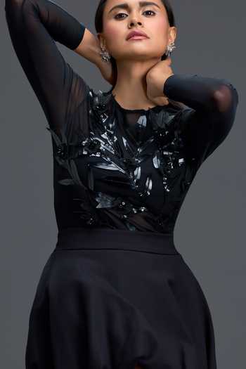 Shop Deepika Arora Black Net, Ponte Roma Round Neck Embroidered Top And Skirt Set Shop_Deepika Arora_Black Net, Ponte Roma Round Neck Embroidered Top And Skirt Set