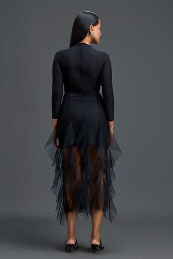 Shop Deepika Arora Black Net Round Neck Mesh Embroidered Top With Layered Skirt at Aza Fashions Shop_Deepika Arora_Black Net Round Neck Mesh Embroidered Top With Layered Skirt _at_Aza_Fashions