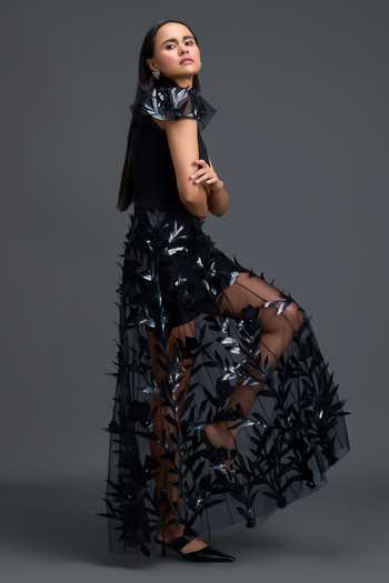 Shop Deepika Arora Black Net, Ponte Roma One Shoulder Dress With Sheer Skirt Online at Aza Fashions Shop_Deepika Arora_Black Net, Ponte Roma One Shoulder Dress With Sheer Skirt _Online_at_Aza_Fashions