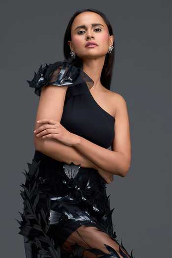Deepika Arora Black Net, Ponte Roma One Shoulder Dress With Sheer Skirt at Aza Fashions Deepika Arora_Black Net, Ponte Roma One Shoulder Dress With Sheer Skirt _at_Aza_Fashions