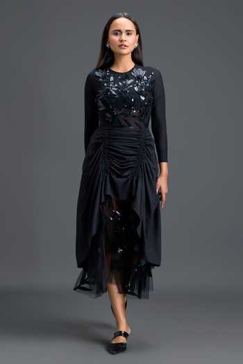 Deepika Arora_Black Net, Ponte Roma Round Neck Mesh Embroidered Top And Skirt Set _Online_at_Aza_Fashions