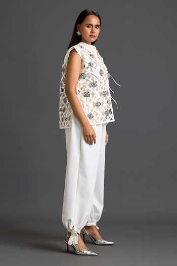 Deepika Arora White Leather, Ponte Roma High Neck Floral Embroidered Vest And Pant Set Online at Aza Fashions Deepika Arora_White Leather, Ponte Roma High Neck Floral Embroidered Vest And Pant Set _Online_at_Aza_Fashions
