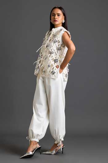 Buy Deepika Arora White Leather, Ponte Roma High Neck Floral Embroidered Vest And Pant Set Online at Aza Fashions Buy_Deepika Arora_White Leather, Ponte Roma High Neck Floral Embroidered Vest And Pant Set _Online_at_Aza_Fashions