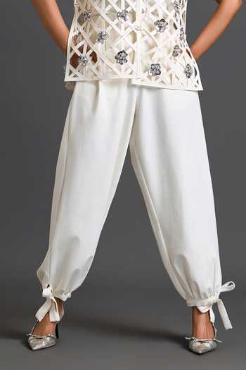 Shop Deepika Arora White Leather, Ponte Roma High Neck Floral Embroidered Vest And Pant Set Online at Aza Fashions Shop_Deepika Arora_White Leather, Ponte Roma High Neck Floral Embroidered Vest And Pant Set _Online_at_Aza_Fashions