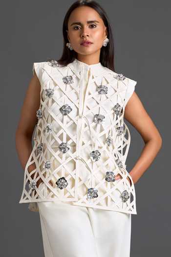 Deepika Arora White Leather, Ponte Roma High Neck Floral Embroidered Vest And Pant Set at Aza Fashions Deepika Arora_White Leather, Ponte Roma High Neck Floral Embroidered Vest And Pant Set _at_Aza_Fashions