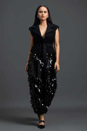 Deepika Arora_Black Ponte Roma Lapel Collar Blazer And Trouser Set _Online_at_Aza_Fashions