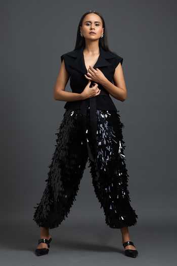Shop_Deepika Arora_Black Ponte Roma Lapel Collar Blazer And Trouser Set _Online_at_Aza_Fashions