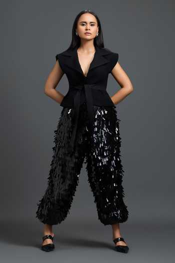 Buy_Deepika Arora_Black Ponte Roma Lapel Collar Blazer And Trouser Set 