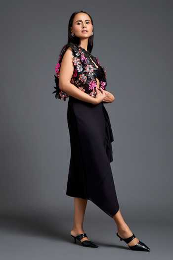 Deepika Arora_Black Net Open , Bandeau Embroidered Cape Skirt Set _Online_at_Aza_Fashions