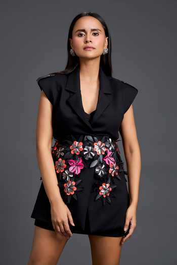 Deepika Arora Ponte Rama Net Blazer & Skirt Set