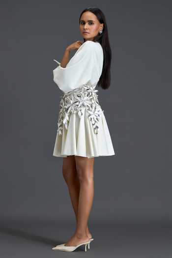 Buy_Deepika Arora_White Net V-neck V Dress And Belt Set _Online_at_Aza_Fashions