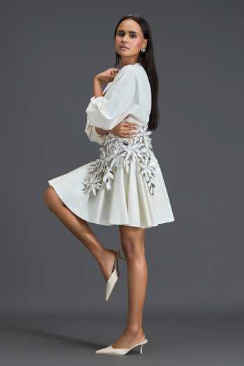 Shop_Deepika Arora_White Net V-neck V Dress And Belt Set _Online_at_Aza_Fashions