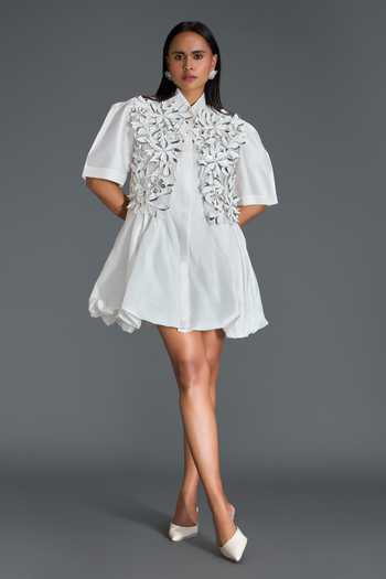 Deepika Arora_White Taffeta, Net Collared Neck 3d Floral Embellished Jacket With Dress _Online_at_Aza_Fashions