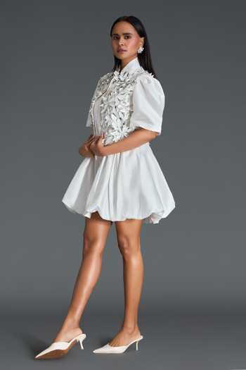 Buy_Deepika Arora_White Taffeta, Net Collared Neck 3d Floral Embellished Jacket With Dress _Online_at_Aza_Fashions