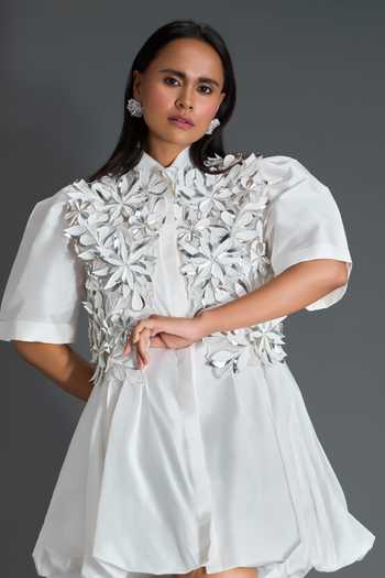 Shop_Deepika Arora_White Taffeta, Net Collared Neck 3d Floral Embellished Jacket With Dress _Online_at_Aza_Fashions