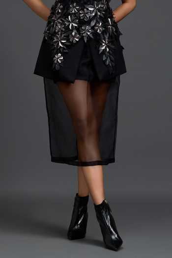 Shop Deepika Arora Black Organza, Leather Applique, 3d Floral Embellished Blazer With Overlay Online at Aza Fashions Shop_Deepika Arora_Black Organza, Leather Applique, 3d Floral Embellished Blazer With Overlay _Online_at_Aza_Fashions