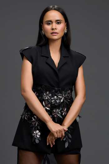 Shop Deepika Arora Black Organza, Leather Applique, 3d Floral Embellished Blazer With Overlay Shop_Deepika Arora_Black Organza, Leather Applique, 3d Floral Embellished Blazer With Overlay