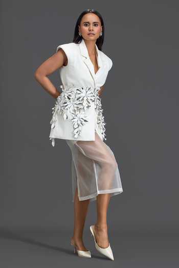 Deepika Arora_White Organza, Leather Collared Neck Hand Embellished Blazer Dress With Overlay _Online_at_Aza_Fashions