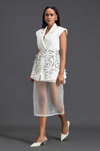 Shop_Deepika Arora_White Organza, Leather Collared Neck Hand Embellished Blazer Dress With Overlay _Online_at_Aza_Fashions