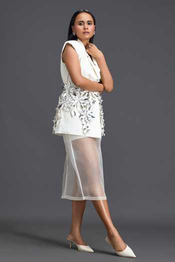 Deepika Arora_White Organza, Leather Collared Neck Hand Embellished Blazer Dress With Overlay _at_Aza_Fashions