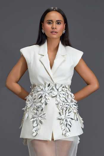 Buy_Deepika Arora_White Organza, Leather Collared Neck Hand Embellished Blazer Dress With Overlay 