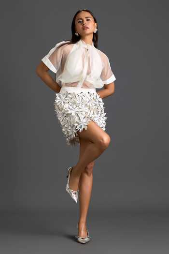 Deepika Arora_Off White Organza, Net High , Keyhole Sheer Top And Embroidered Skirt Set _Online_at_Aza_Fashions