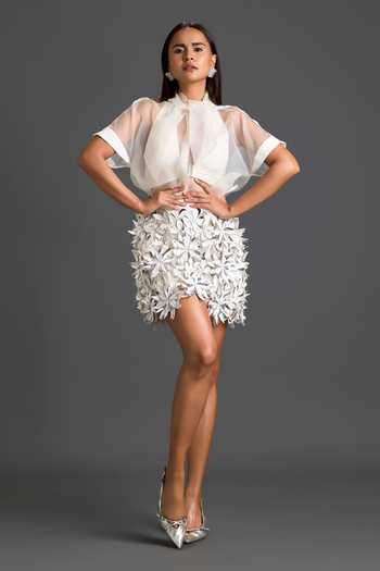 Shop_Deepika Arora_Off White Organza, Net High , Keyhole Sheer Top And Embroidered Skirt Set _Online_at_Aza_Fashions