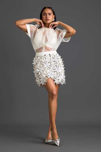 Deepika Arora_Off White Organza, Net High , Keyhole Sheer Top And Embroidered Skirt Set _at_Aza_Fashions