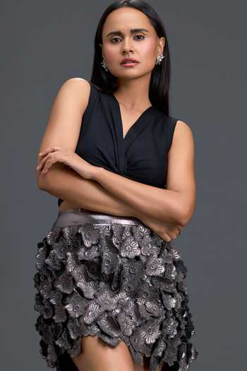Deepika Arora Grey Ponte Roma, Faux Leather Halter Neck Top And Skirt Set at Aza Fashions Deepika Arora_Grey Ponte Roma, Faux Leather Halter Neck Top And Skirt Set _at_Aza_Fashions