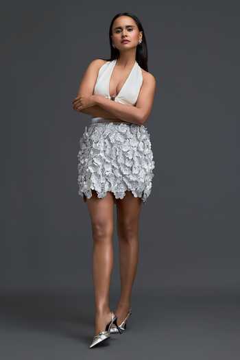 Deepika Arora Silver Ponte Roma, Leather Halter Neck Top And Skirt Set Online at Aza Fashions Deepika Arora_Silver Ponte Roma, Leather Halter Neck Top And Skirt Set _Online_at_Aza_Fashions
