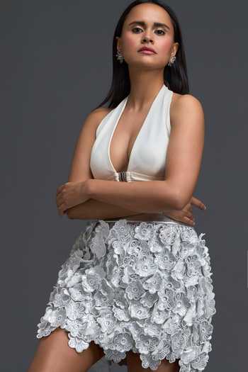 Buy Deepika Arora Silver Ponte Roma, Leather Halter Neck Top And Skirt Set Buy_Deepika Arora_Silver Ponte Roma, Leather Halter Neck Top And Skirt Set